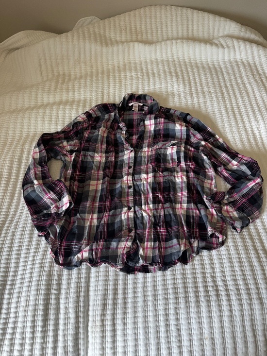 Victoria's Secret Other - Victoria's Secret Pink Grey Plaid Flannel Pajama Top Silver Metallic Thread XL